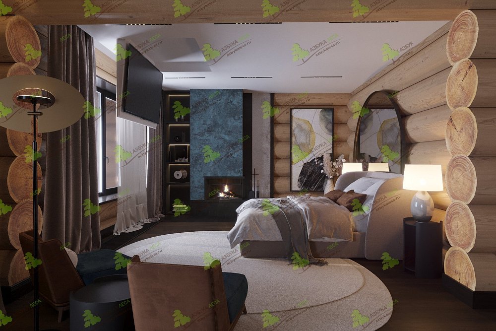 Дизайн хозяйской спальни в доме из кедра «Волжские просторы»